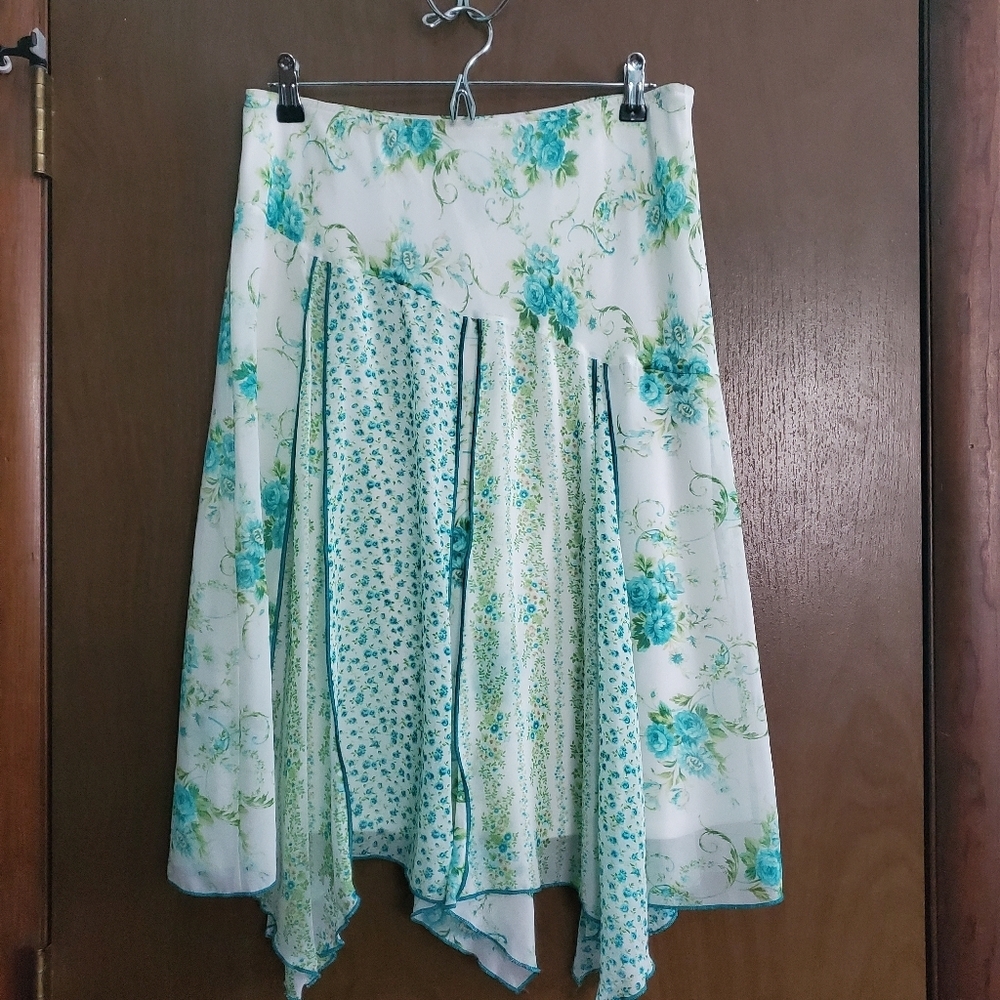 AB Studio Patchwork Blue White Green Floral Skirt. *4283